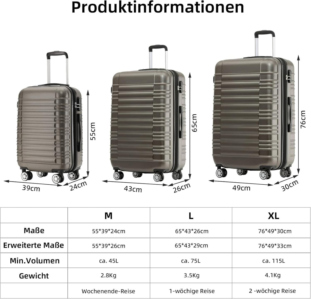 BEIBYE 2088 Zwillingsrollen Reisekoffer Koffer Trolleys Hartschale M-L-XL-Set (Coffee, M) Coffee M,