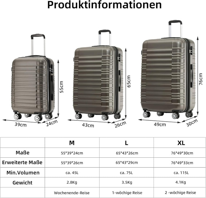 BEIBYE 2088 Zwillingsrollen Reisekoffer Koffer Trolleys Hartschale M-L-XL-Set (Coffee, M) Coffee M,