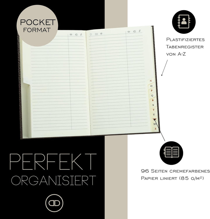 DELMON VARONE - Personalisierbares Adressbuch DIN A7 gebunden mit A-Z Register Soft Grain Premium Le