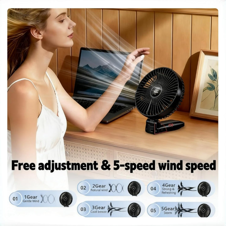 VanSmaGo Handventilator Akku Aufladbar, 5 Stufen USB Fan (Full Black) | Tisch/Hand/Reise, 8,5 Std. A