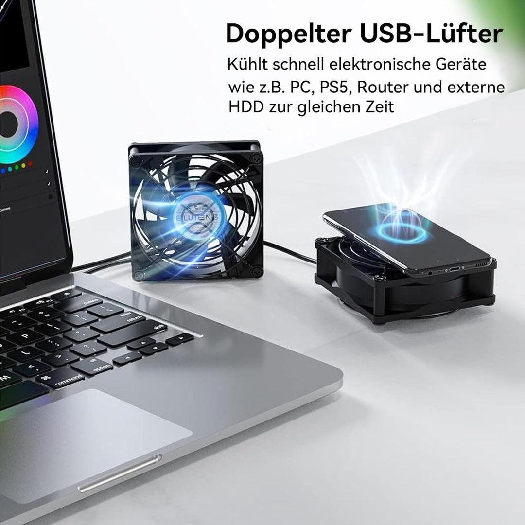 ELUTENG Doppel PC Lüfter USB 80mm mit 3 Geschwindigkeit Einstellbar 8cm Computer Lüfter USB 2 in 1 M