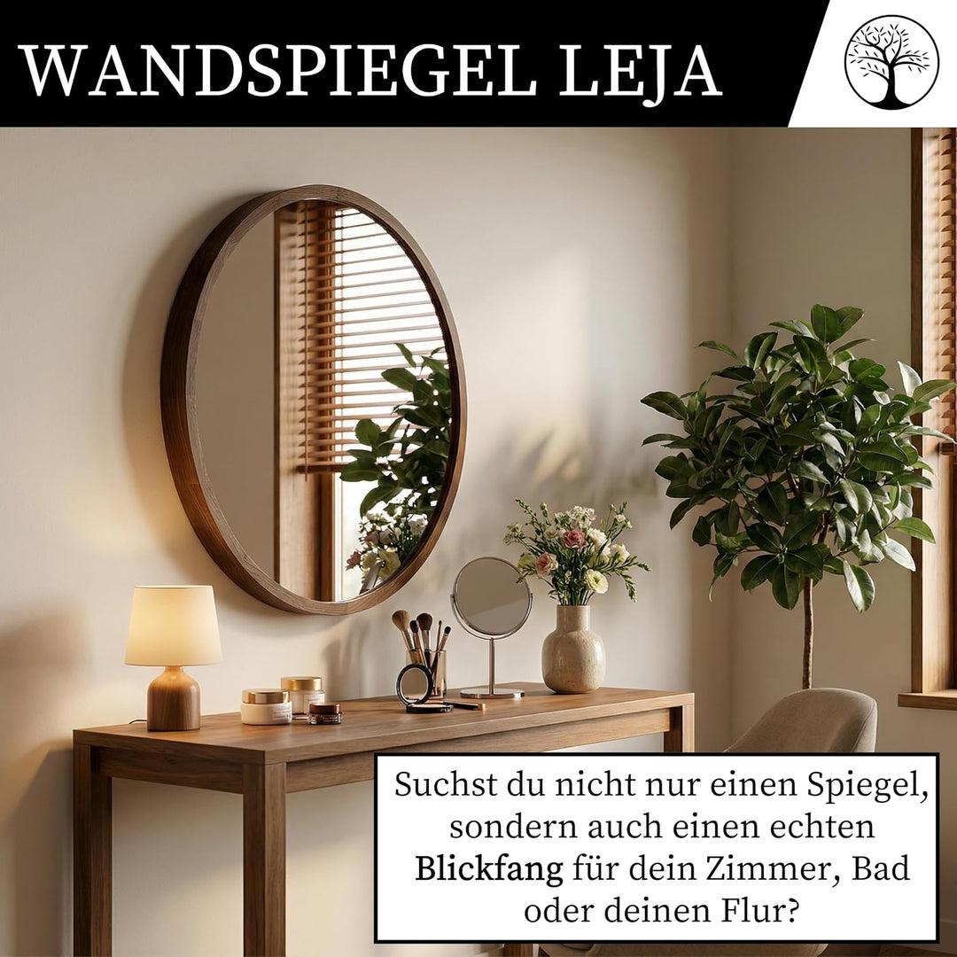 Wandspiegel mit Holzrahmen (∅80 cm) - Spiegel Rund Holz Dunkle Eiche - Runder Bad Spiegel für Badezi