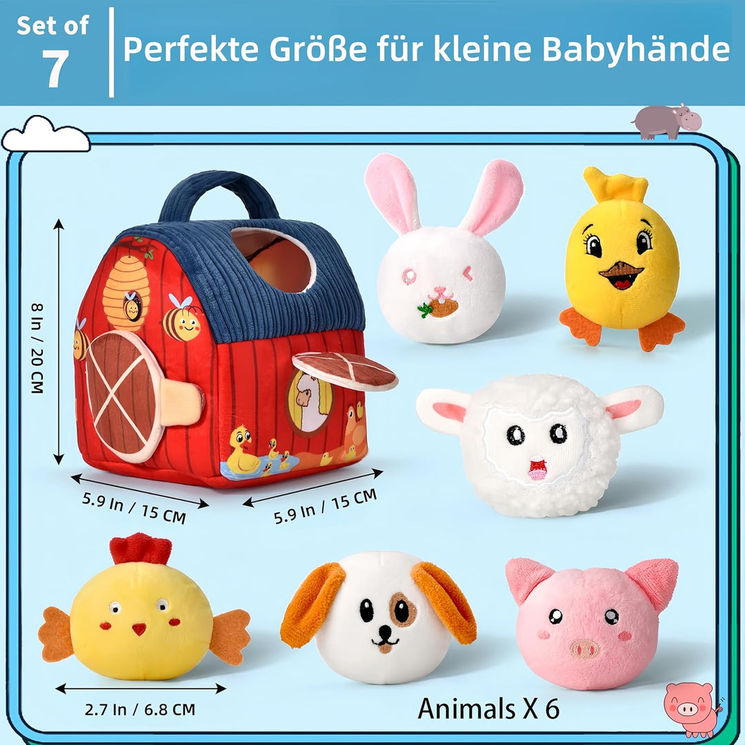 Montessori Baby Spielzeug ab 6 -12 Monate - Weiches Bauernhof-Set mit 6 Tieren, Rassel & Spiegel, Se