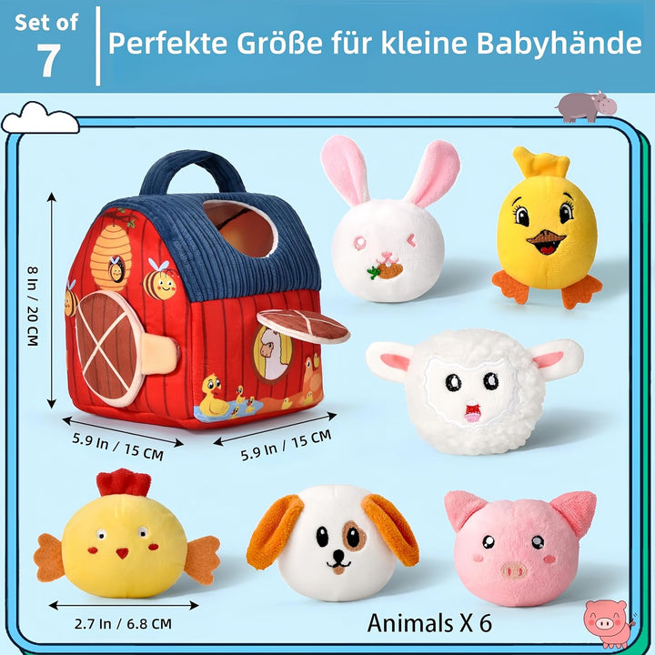 Montessori Baby Spielzeug ab 6 -12 Monate - Weiches Bauernhof-Set mit 6 Tieren, Rassel & Spiegel, Se