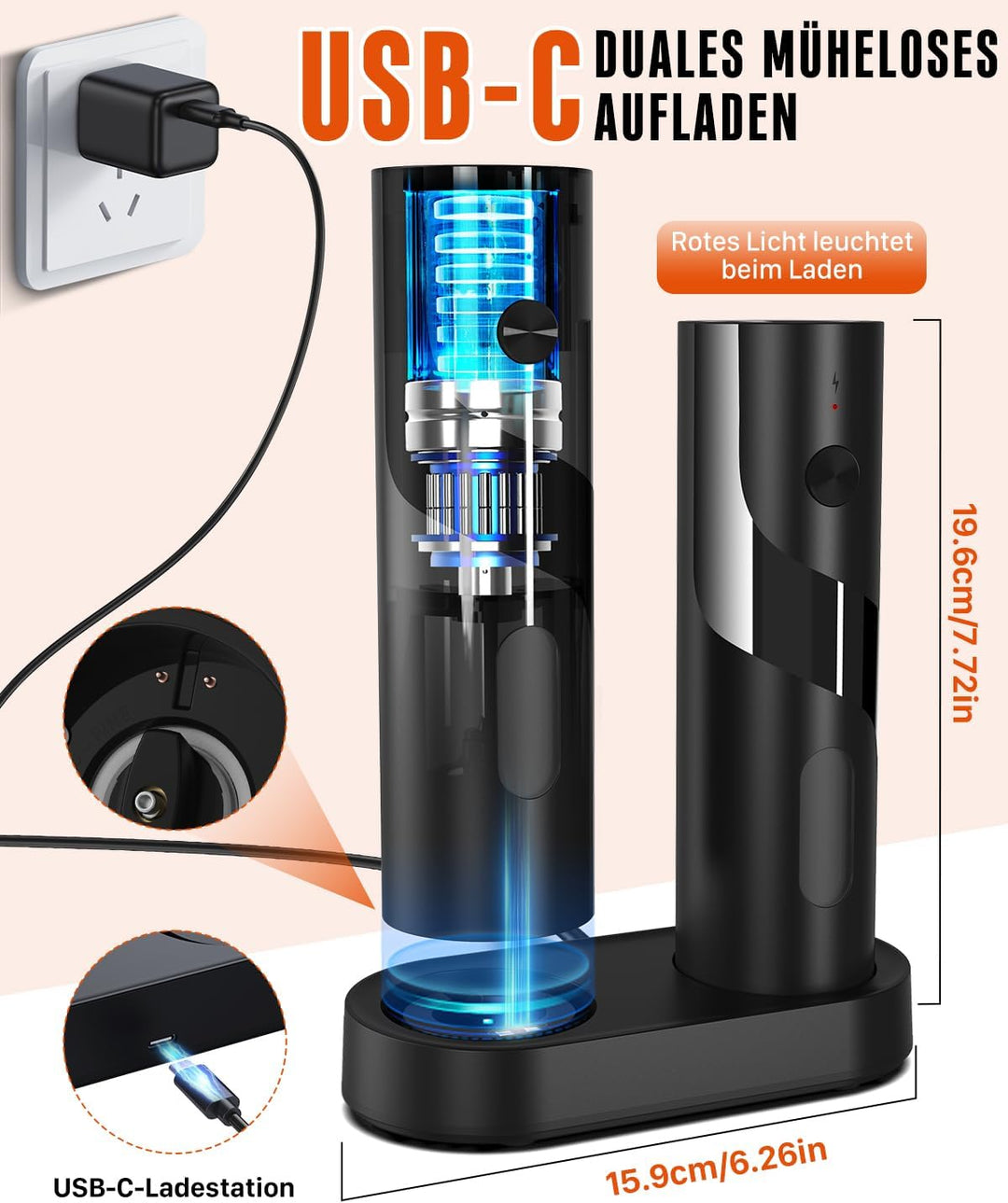 Homtronic Elektrische Salz und Pfeffermühlen 2er Set, Gewürzmühlenset Elektrische mit Wiederaufladba