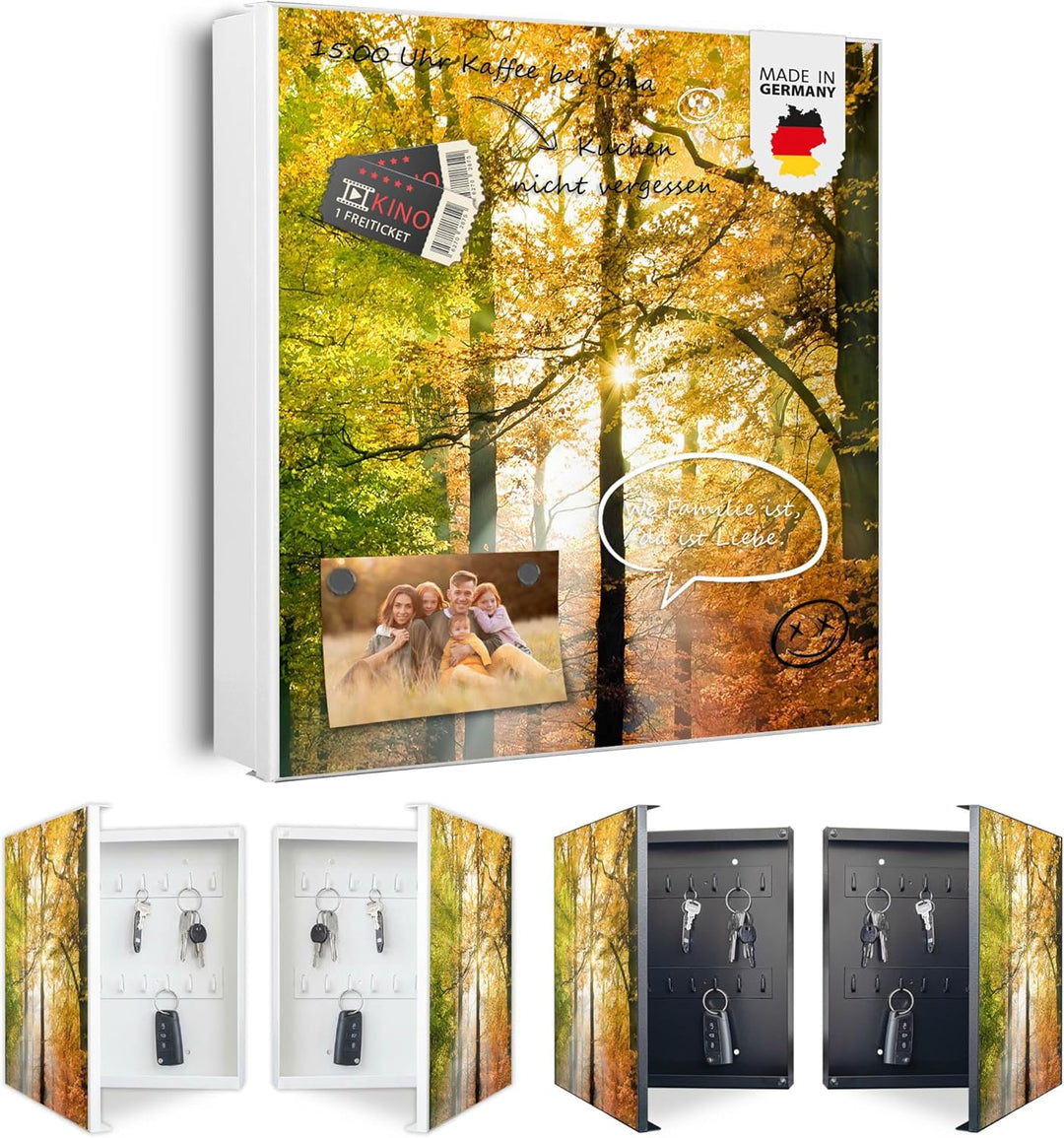 banjado® Grosser Schlüsselkasten Glas/Schlüsselbox 30cm x 30cm mit 50 Haken - Motiv Herbstwald/Schlü