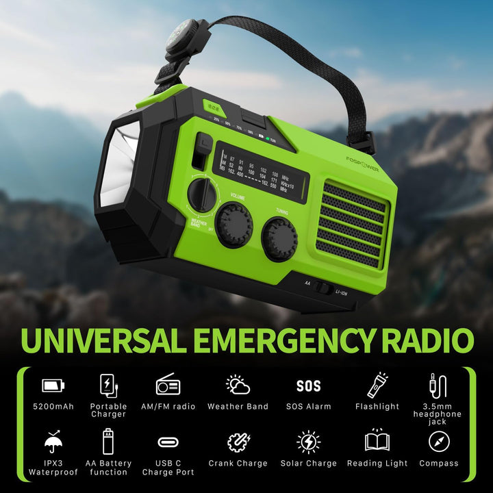 FosPower - Notfallradio NOAA/AM/FM mit 19240mWh (5200mAh) Tragbare Powerbank - Aufladung per USB/Sol