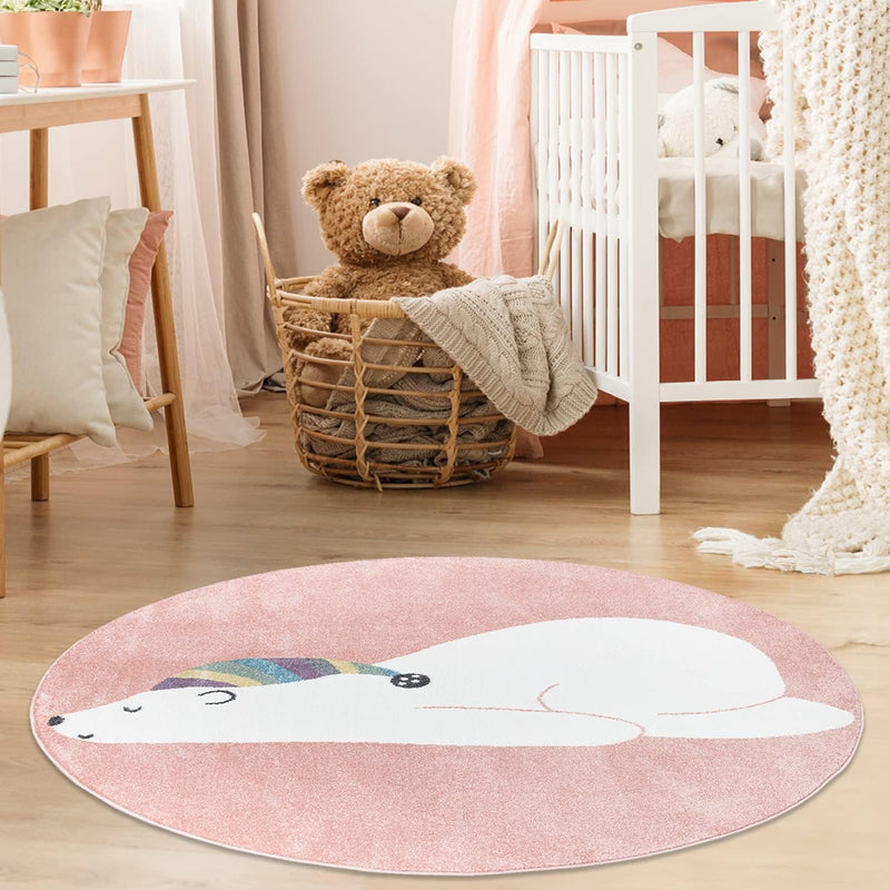 payé Teppich Kinderzimmer Rund - Rosa - 120x120cm - Pastellfarben Spielteppich Kinderteppich Kurzflo