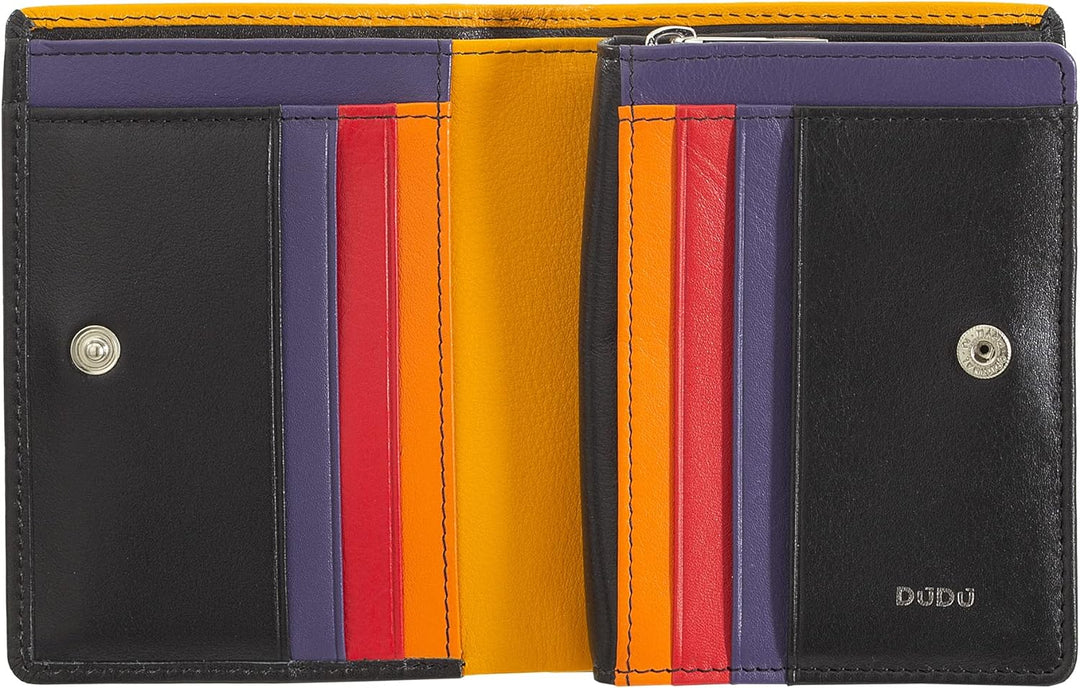 DUDU Kleine Damen-Brieftasche aus farbigem Leder mit Kartenfächern und Münzfach mit Reissverschluss