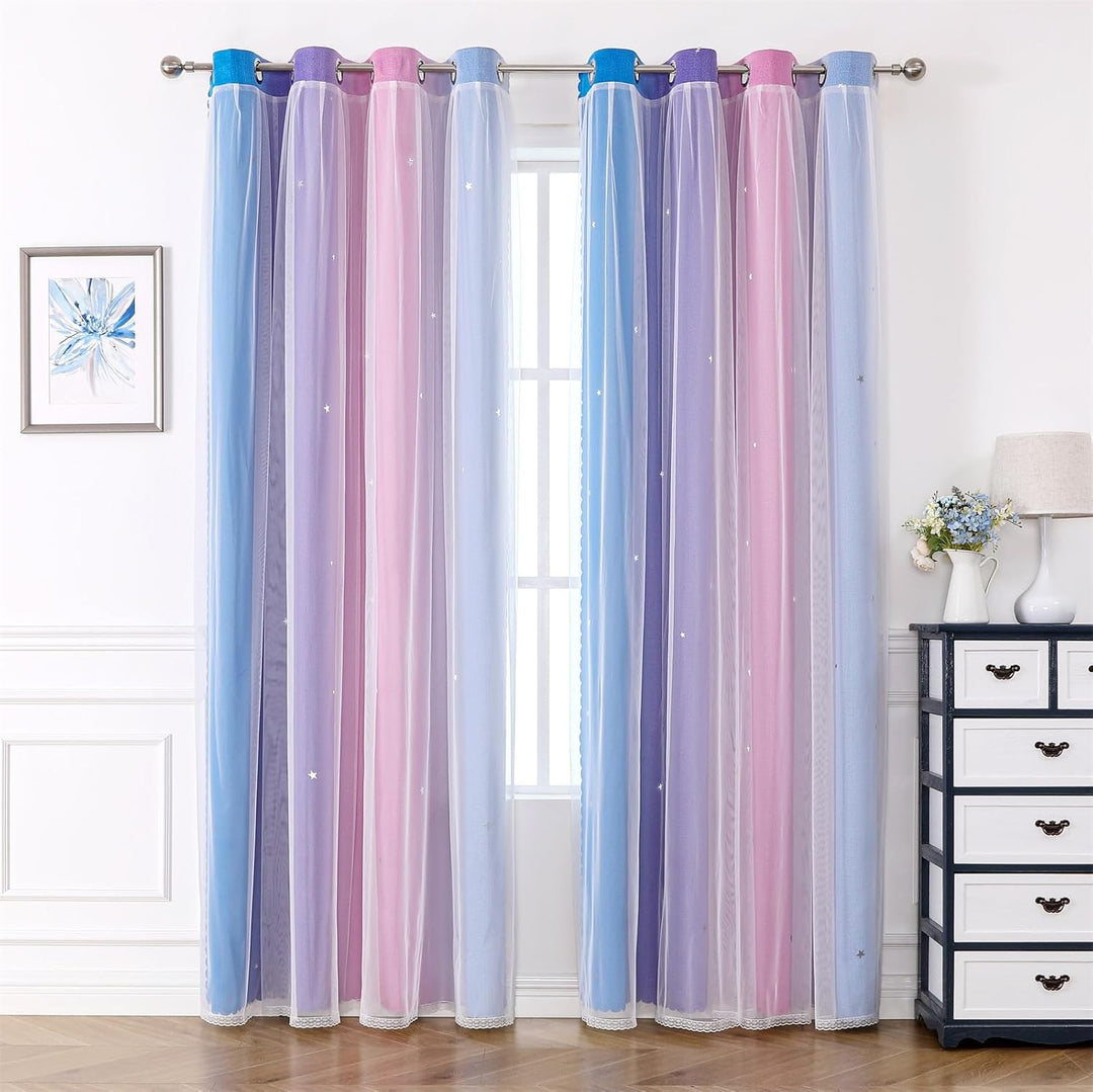 Freyamy Wohnzimmer Gardinen Blau Lila Rosa Glänzend Sterne Vorhänge Halbtransparent 130x100 (HxB) Ös