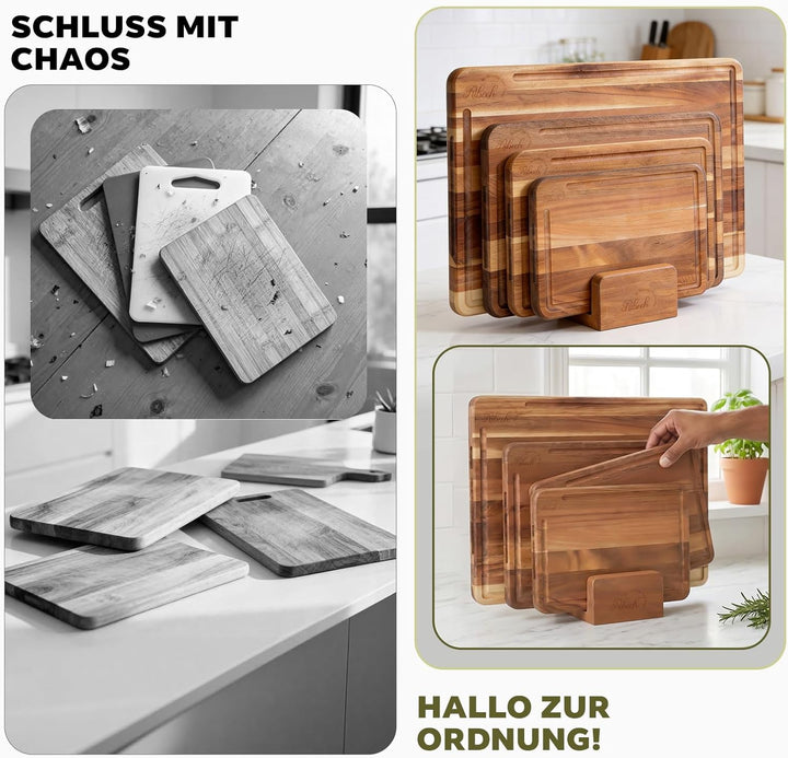 Schneidebrett Set 4-teilig aus Akazienholz inklusive Aufbewahrungsständer | 40x30cm 33x24cm 26x18cm