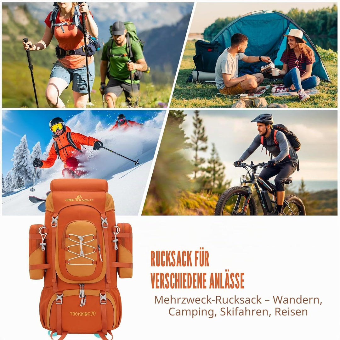 Bseash 70L (65+5) Wasserdichter Wanderrucksack mit Regenschutz, Outdoor-Sport, Reisen, Tagesrucksack