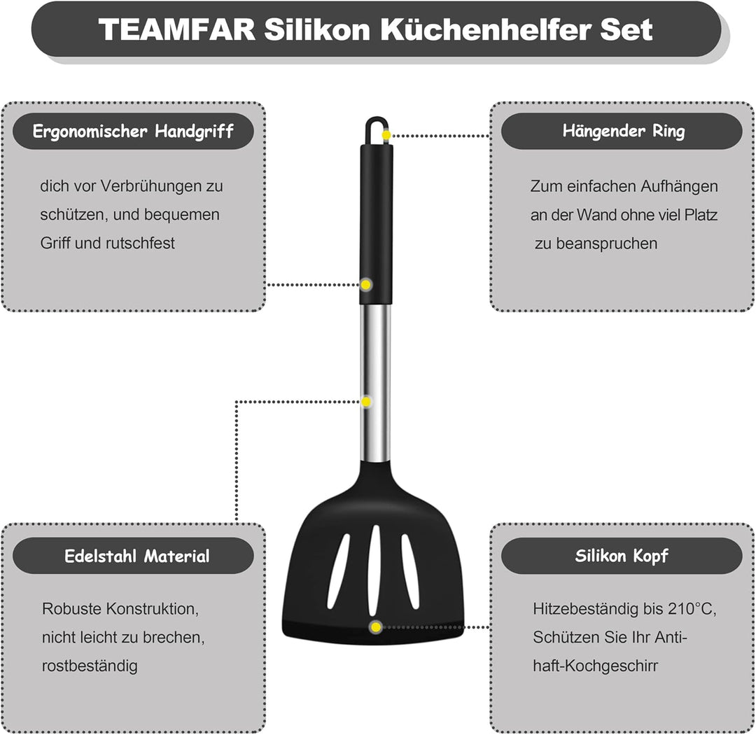 TEAMFAR Küchenhelfer, 20 Stück Silikon Schwarz Kochbesteck Kochutensilien Set mit Edelstahlgriff, Hi