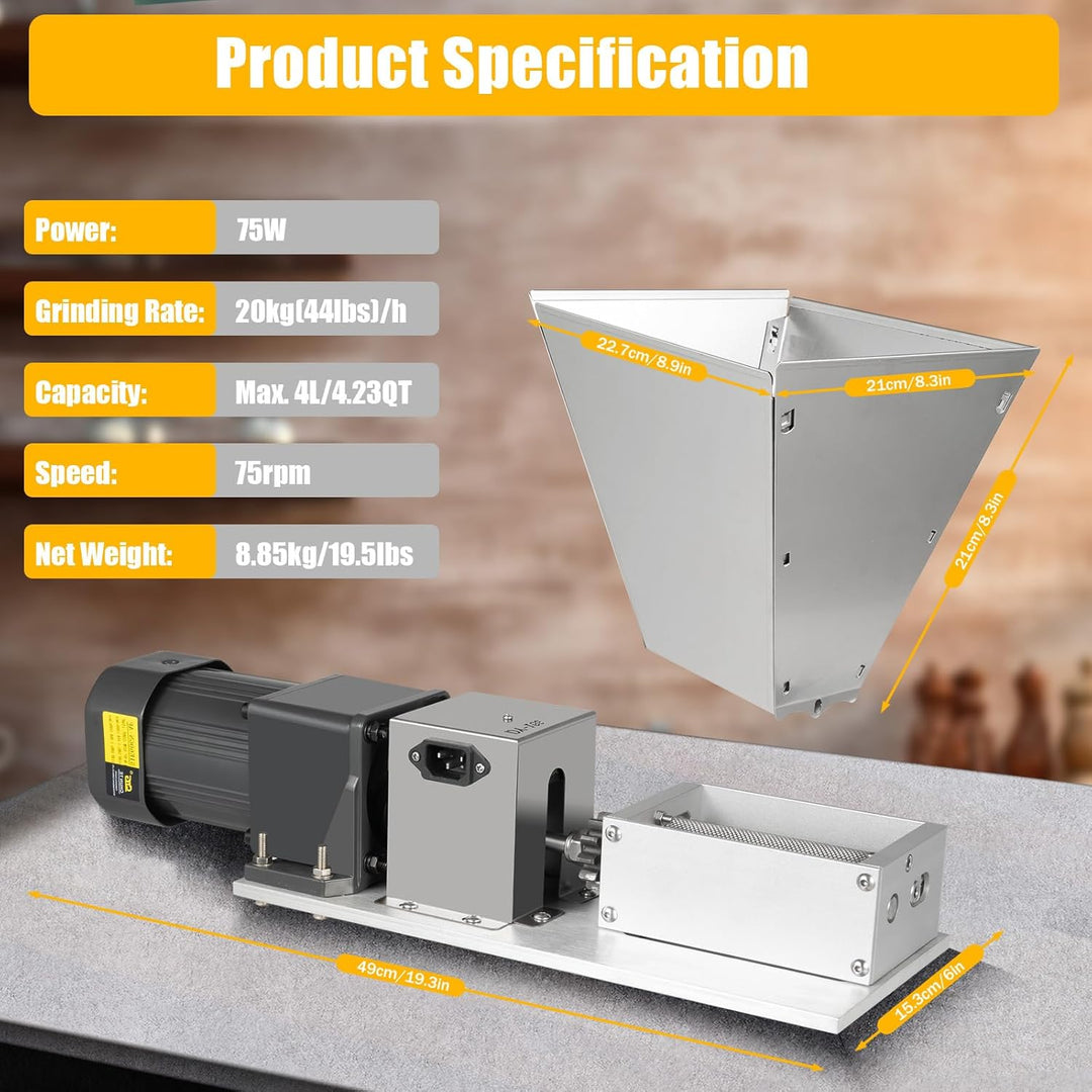 Elektrische Getreidemühle aus Edelstahl, 4 L, 20 kg/h, 75 W | 4-L-Trichter, einstellbare Edelstahlwa