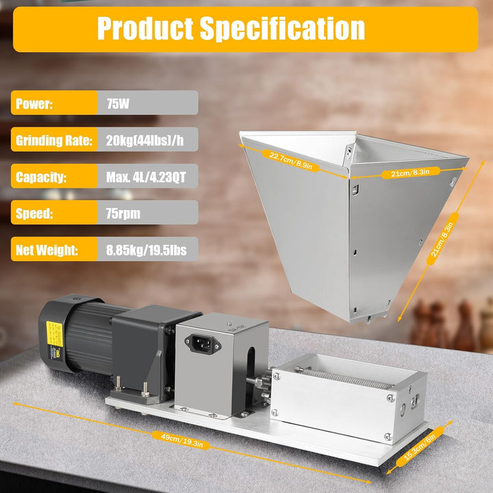 75rpm Elektrische Getreidemühle 4L 44 lbs/h Silber | 220V Elektrisch Edelstahl Mühle,Rollen Justiere