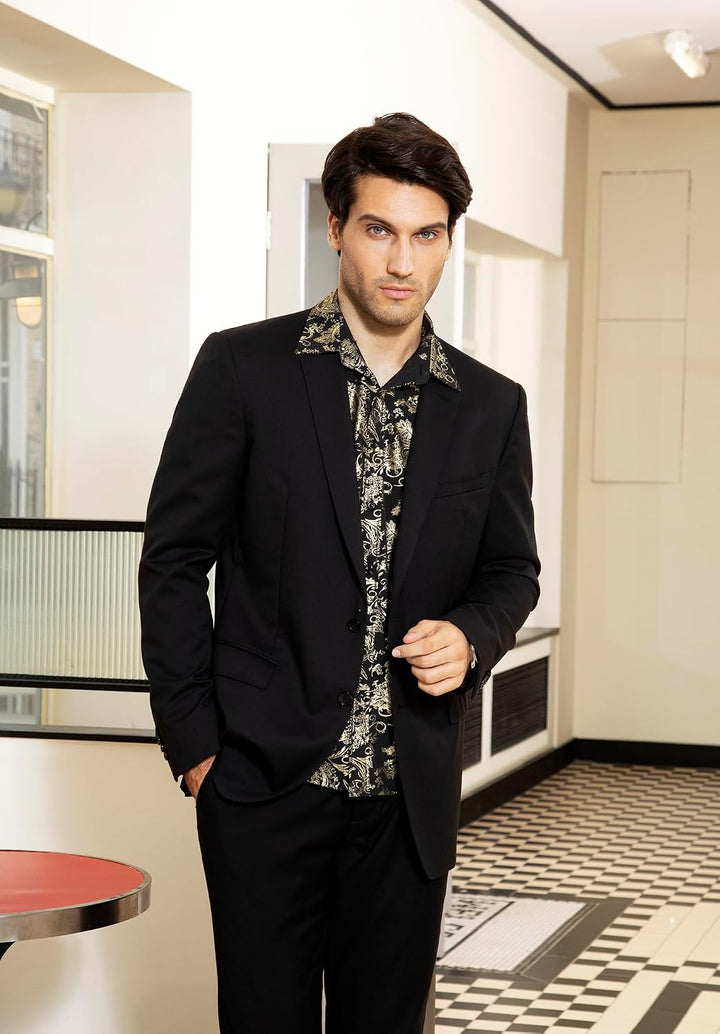 HISDERN Herren Paisley Hemd Langarm Satin Blumen Muster Hemd für Männer Jacquard Stickerei Freizeith