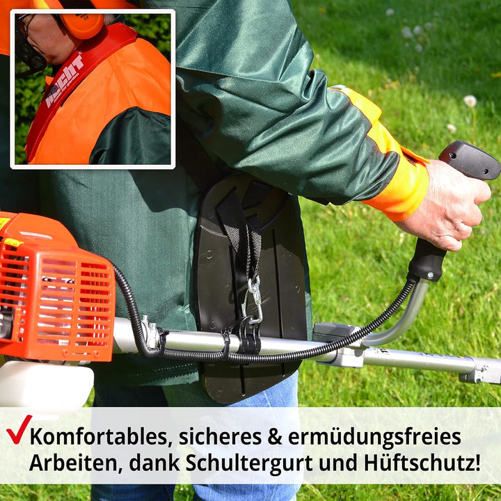 HECHT 2-Takt Benzin Motorsense Freischneider Rasentrimmer mit Messer und Doppel Faden Spule, 43 cm u