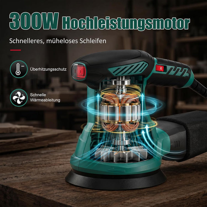Exzenterschleifer, HYCHIKA 300W Schleifmaschine, 6 Gänge, mit 12 pcs Schleifpapier (Körnung 80/120/2