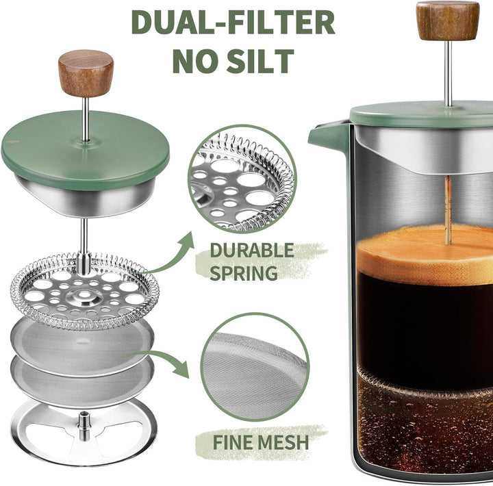 French Press Thermo Kaffeebereiter 1 Liter/8 Tassen, Edelstahl, grüne aus Echtholz, doppelwandig, is