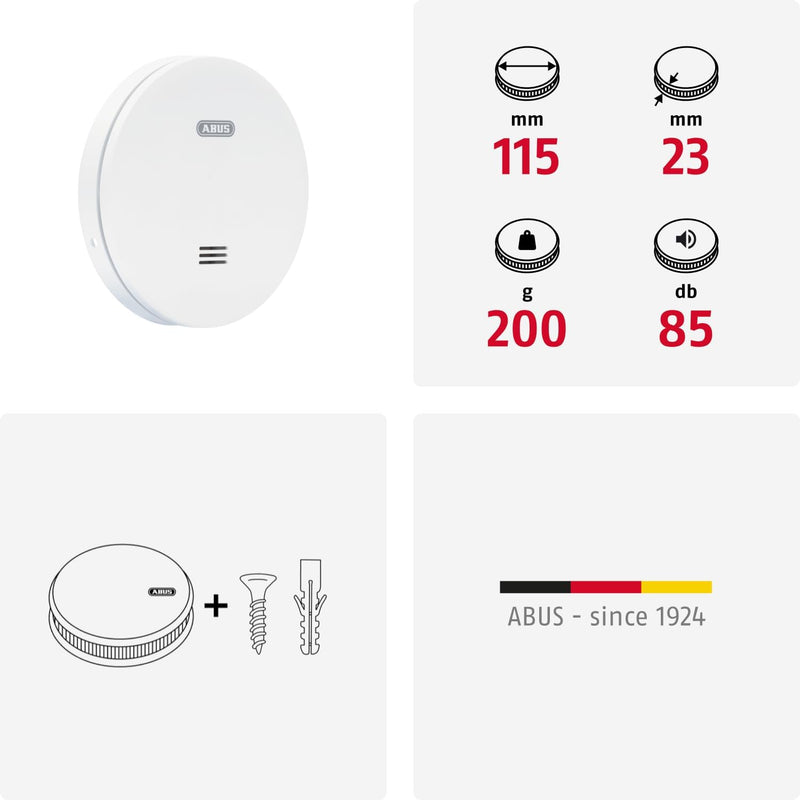 ABUS flacher Rauchmelder RWM160 - mit 10-Jahres-Batterie - Q-Label und DIN EN 14604 geprüft - Blinke