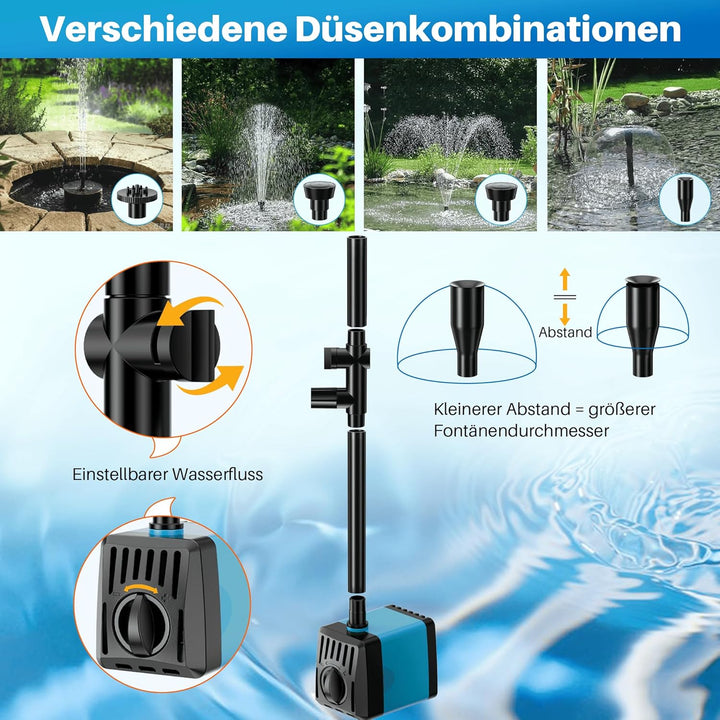 Biling Solar Springbrunnen für Aussen 12W 450L/H Leise Teichpumpe Solar mit 4 Düsen Schlauch, Solarb