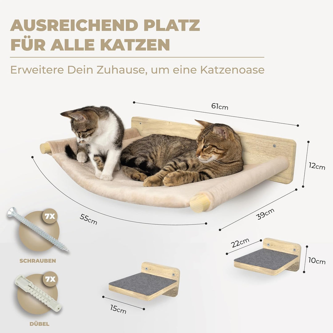 WOOWOOD Katzen Kletterwand 3-teilig, Hängematte und 2 Katzentreppen, 3-teilig