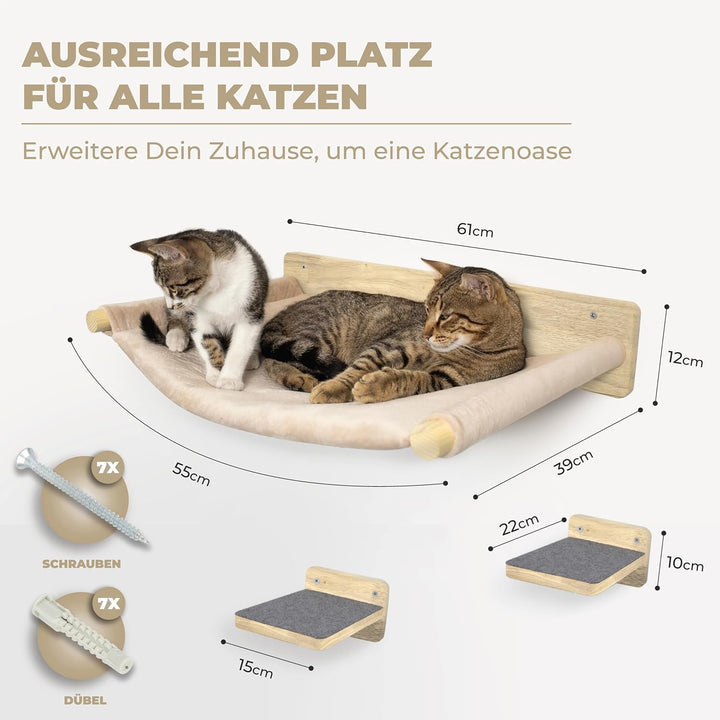 WOOWOOD Katzen Kletterwand 3-teilig, Hängematte und 2 Katzentreppen, 3-teilig
