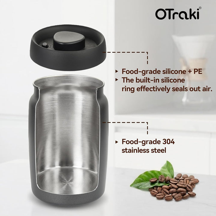 OTraki 1.2L Vakuum Kaffeedose Edelstahl, Kaffeebohnen Aufbewahrung Luftdicht Aromaschutz, Kaffeebohn