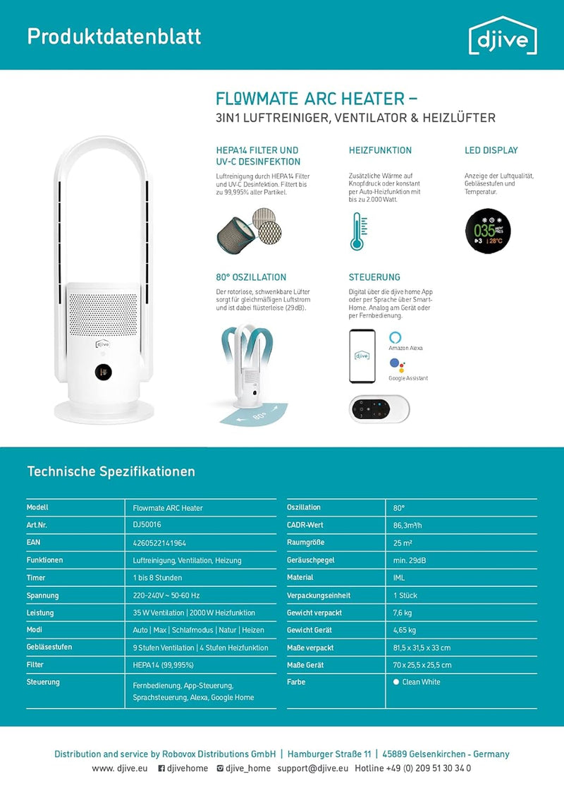 djive ARC Heater 3in1 leiser Turmventilator mit Heizung und Luftreinigung, HEPA 14, Heiz und Kühlger