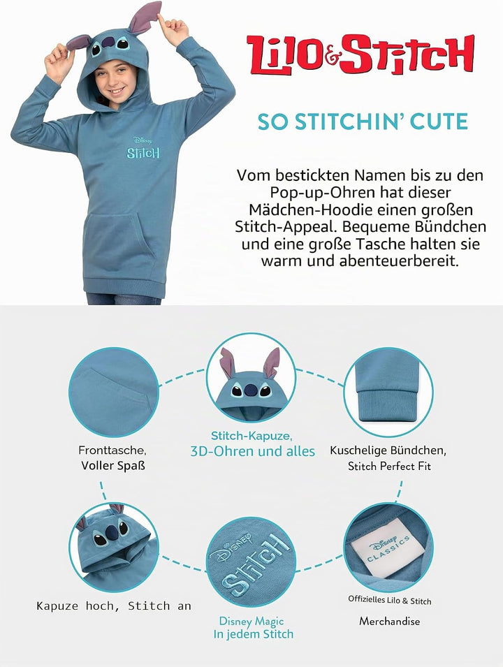 Disney Lilo Und Stitch Hoodie, Langer Kinder Hoodie, Stitch Pullover Mit 3D-Ohren, Baumwoll Mädchenk