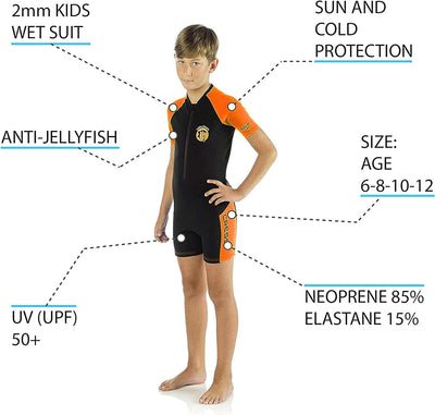 Cressi Little Shark Jr Shorty 2mm Neoprenanzug für Kinder Schwarz/Orange 11/12 Jahre Kurzarm, Schwar