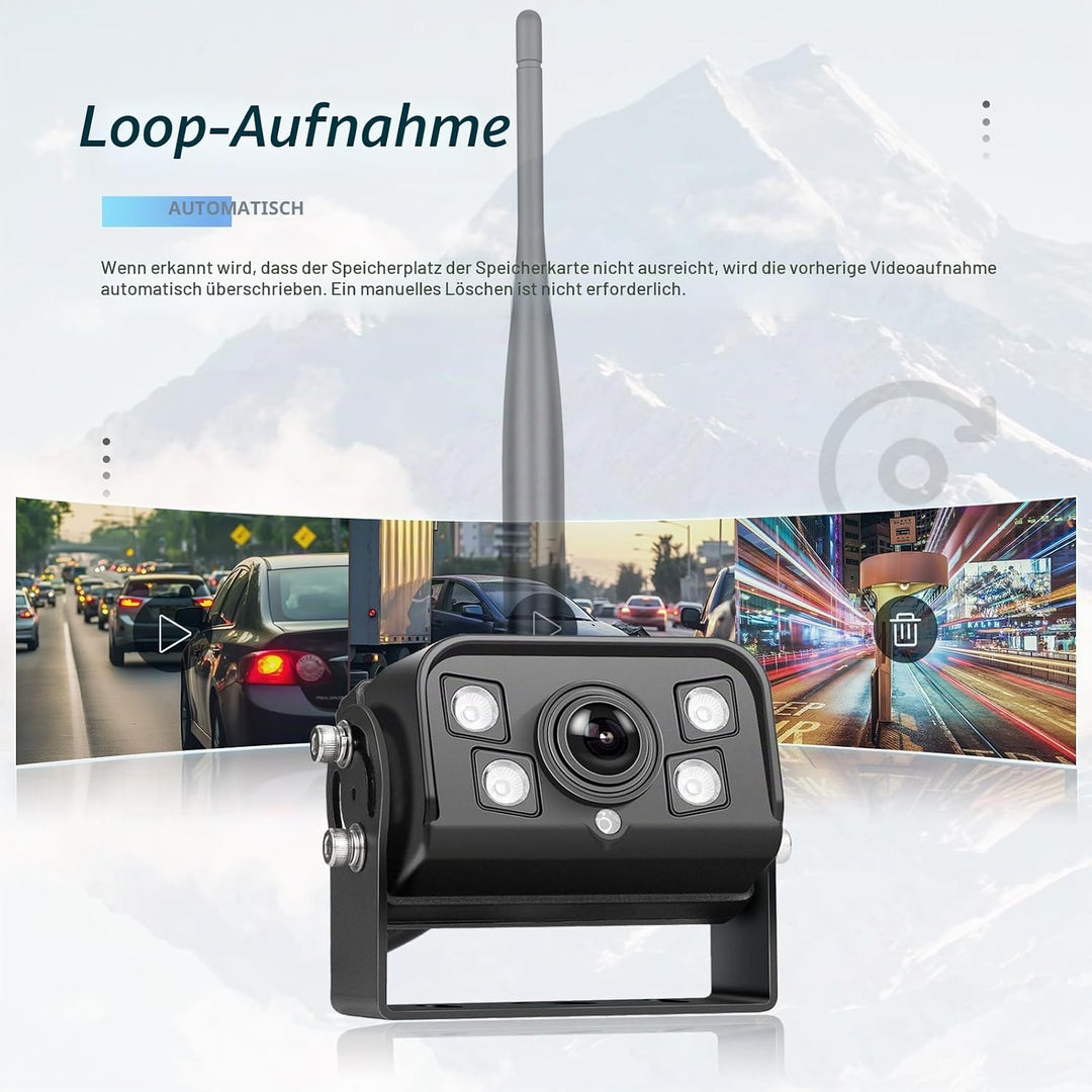 9 Zoll HD Monitor Digital Kabellos Rückfahrkamera Set mit Loop-Aufzeichnung, Nachtsicht, Wasserdicht