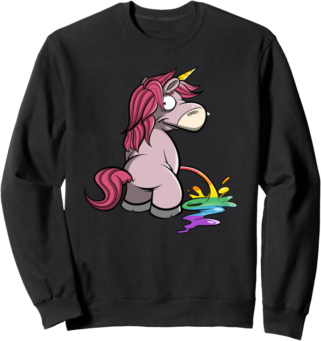 Lustiges rosa Einhorn macht Regenbogen in bunten Farben Sweatshirt
