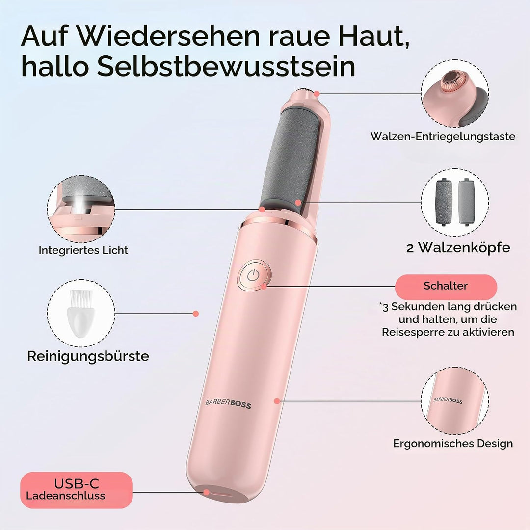 BarberBoss Elektrischer Hornhautentferner für Füsse, Tragbare Fussfeile, Wiederaufladbarer Hornhaute
