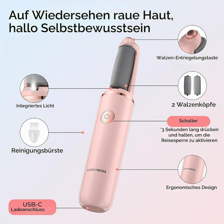 BarberBoss Elektrischer Hornhautentferner für Füsse, Tragbare Fussfeile, Wiederaufladbarer Hornhaute