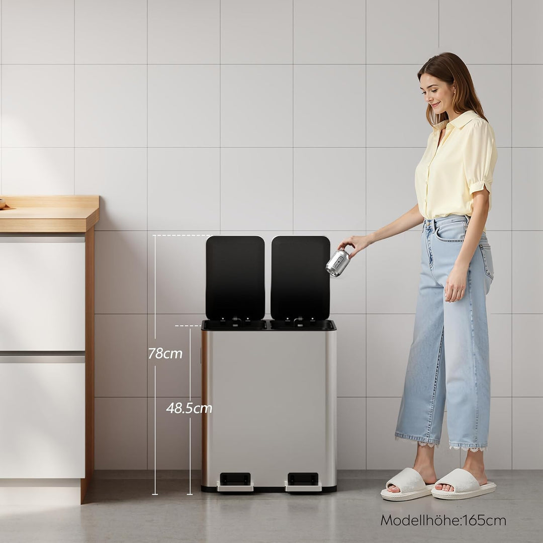 WLIVE Mülleimer Küche 30L, Mülltrennsystem mit 2 x 15L Fächern, Doppel Abfalleimer mit Treteimer, Ed