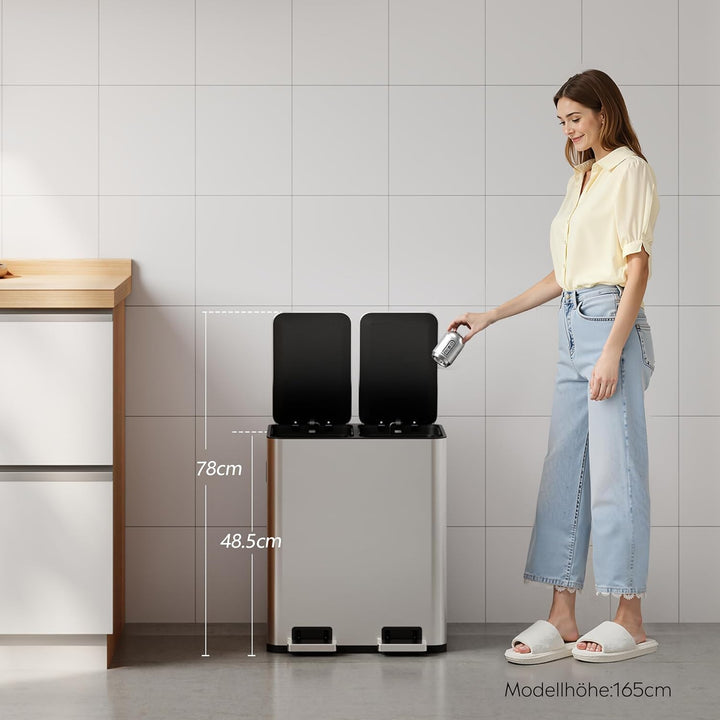 WLIVE Mülleimer Küche 30L, Mülltrennsystem mit 2 x 15L Fächern, Doppel Abfalleimer mit Treteimer, Ed