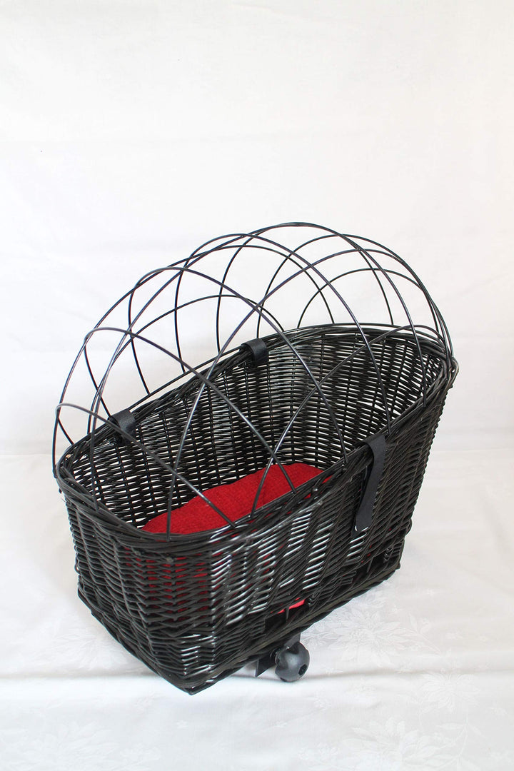 Hundefahrradkorb für Gepäckträger aus Weide mit Metallgitter und Kissen Schwarz XL oder XXL Gepäcktr