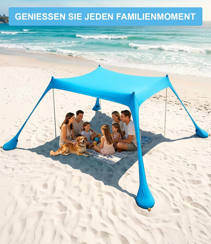 UPF50+ Strandzelt 3m x 3m, Schatten Zelt Strandmuschel Beachmit Sandschaufel & Erdnägeln und 4 Stütz