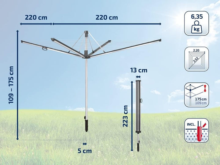Leifheit Wäschespinne Linomatic 600 Plus, Wäscheschirm mit Leineneinzug für saubere Wäsche, höhenver