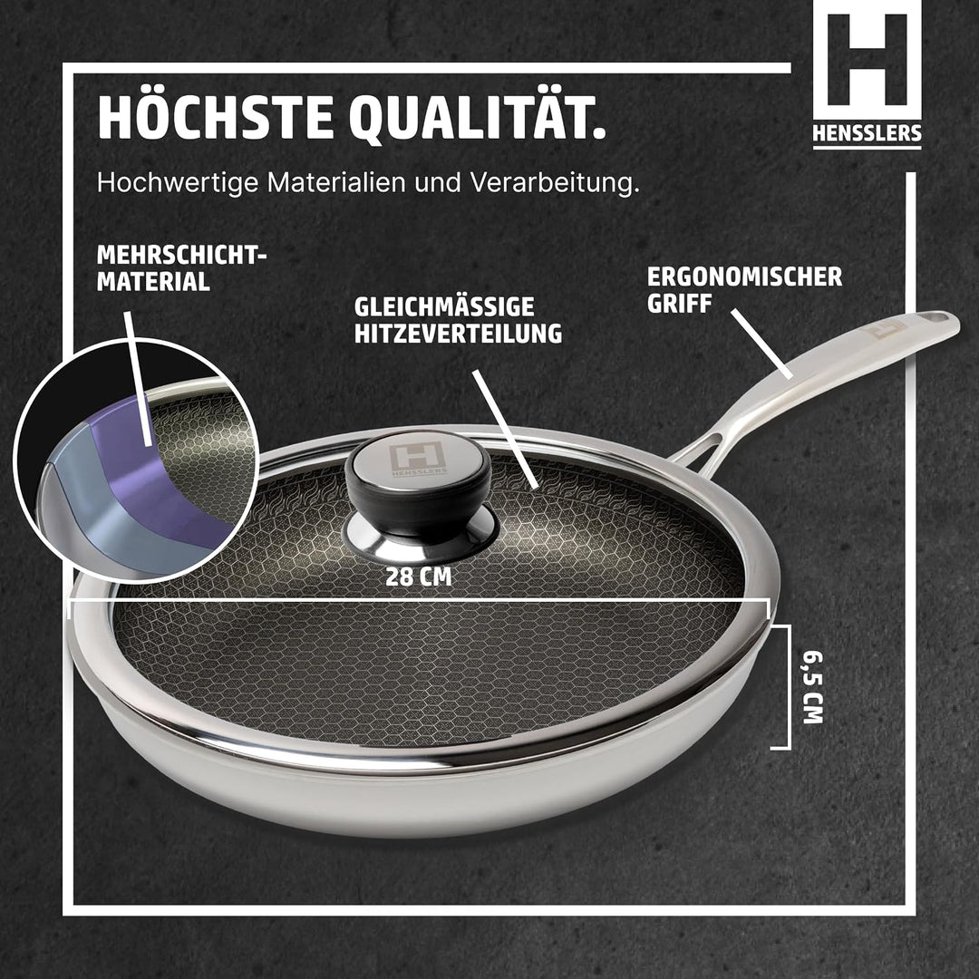 HENSSLERS® Profi Bratpfanne 28 cm [MIT GLASDECKEL] - Antihaftbeschichtung (mit Deckel) Pfanne mit De