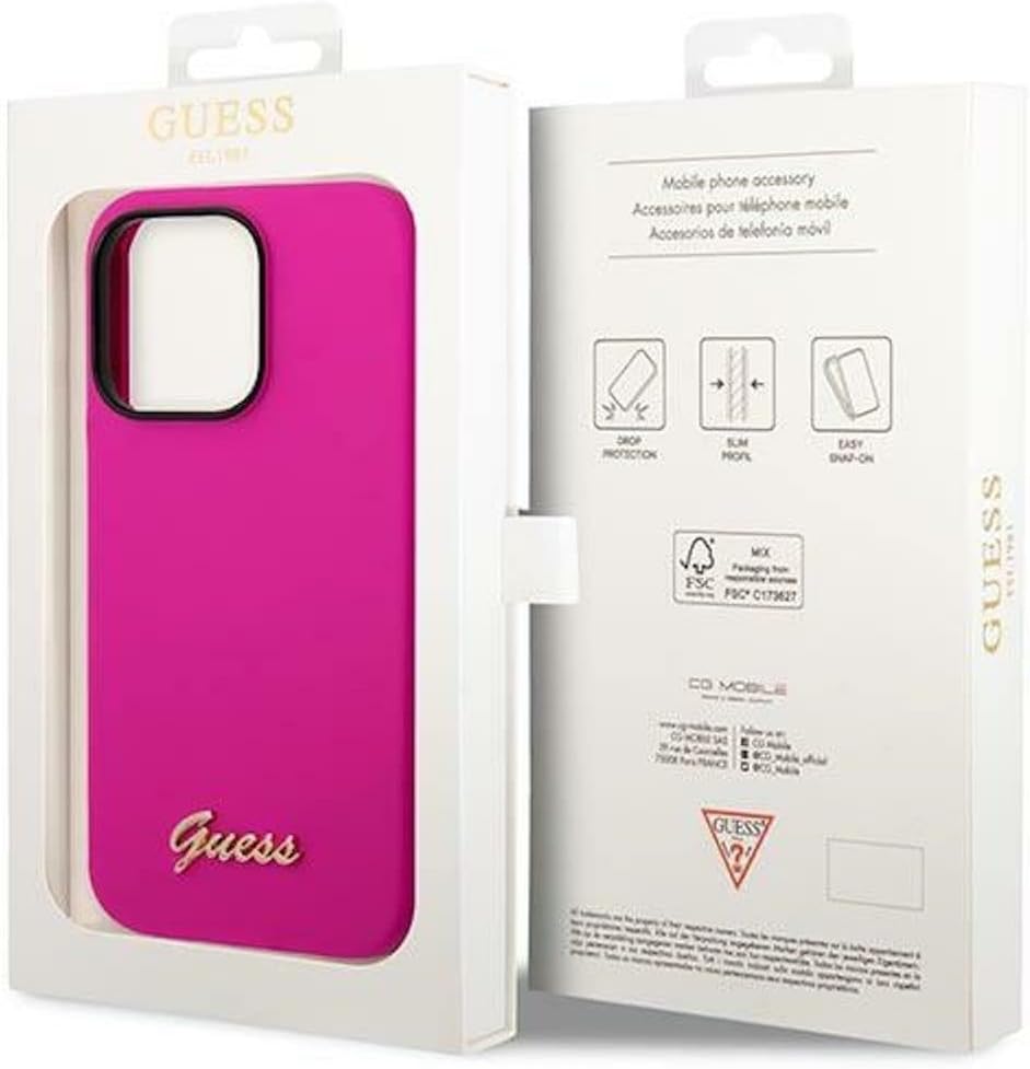 Guess GUHCP14LSLSMF hülle für iPhone 14 Pro 6,1" Fuchsia/Fuschia Hard case Silicone Vintage Gold Log