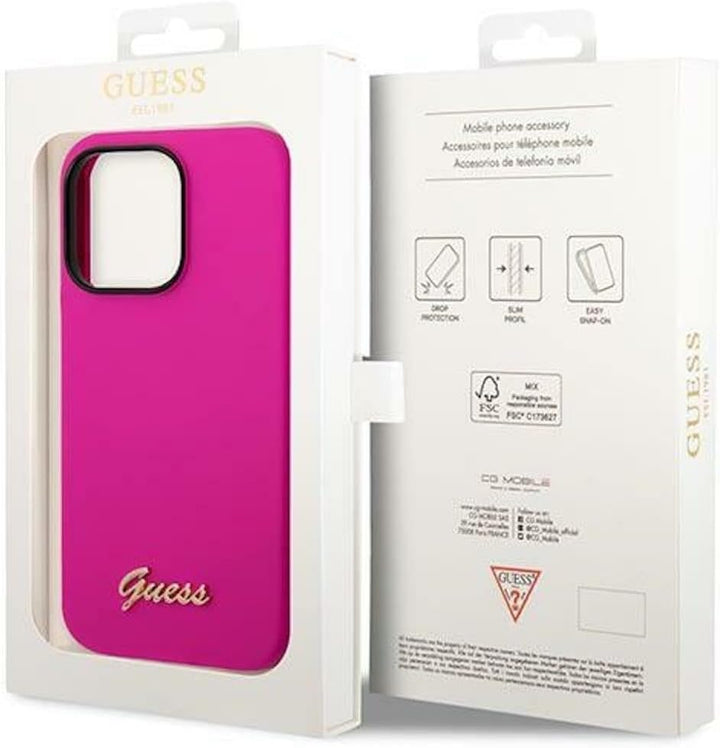Guess GUHCP14LSLSMF hülle für iPhone 14 Pro 6,1" Fuchsia/Fuschia Hard case Silicone Vintage Gold Log
