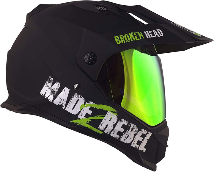 Broken Head made2rebel Motocross-Helm grün, Set mit Visier Gold | Enduro-Helm - MX Cross-Helm mit So