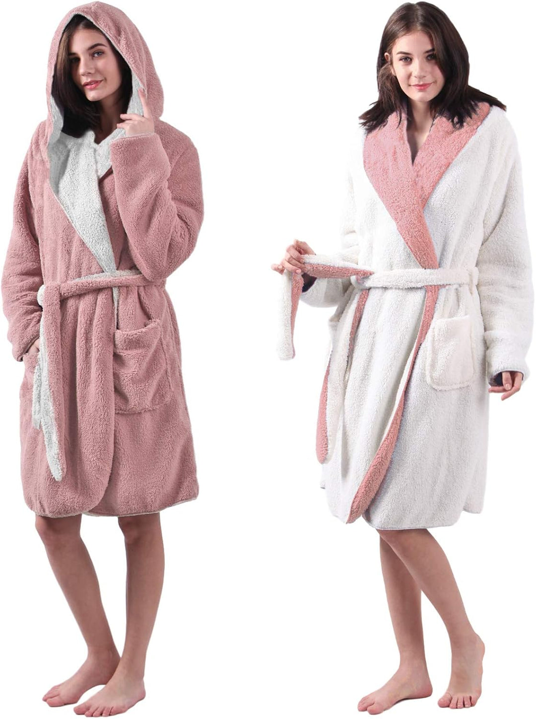 Sherpa Wende Bademantel Lammfell Optik für Damen und Herren mit Kapuze Morgenmantel Hausmantel, Altr