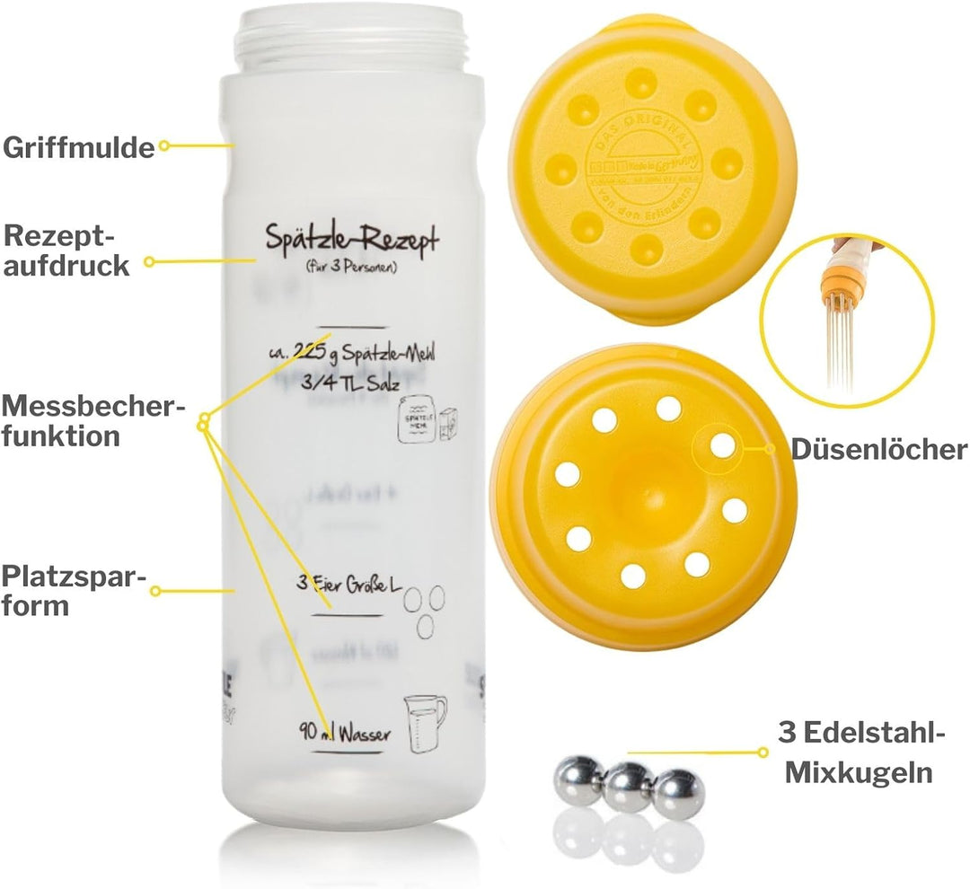 Spätzle-Shaker (GELB für 4 Portionen selbstgemachte Spätzle (875ml) Spätzlepresse und Mixer in einem