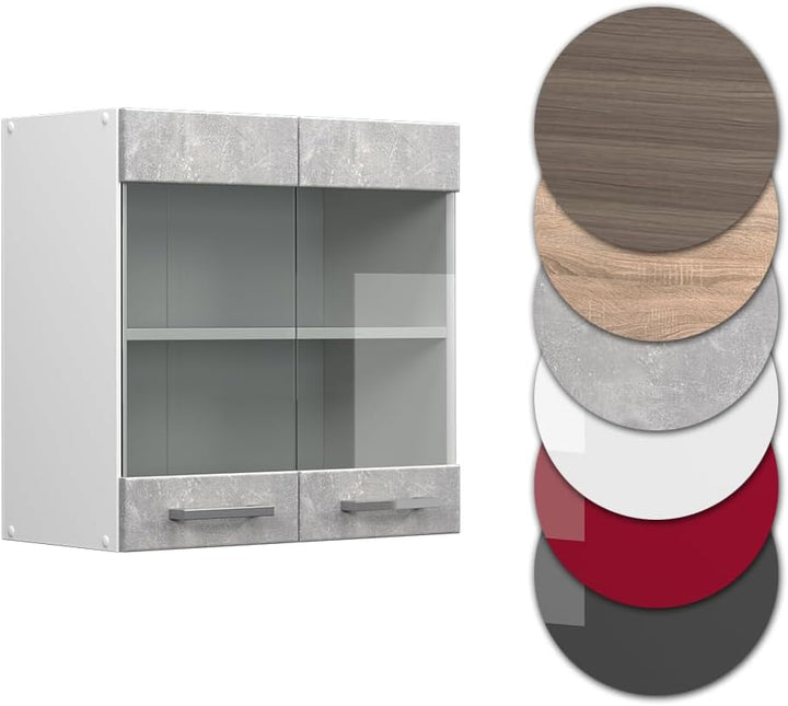 Vicco Küchenschrank Glas R-Line, Beton/Weiss, 60 cm Beton Hängeglasschrank 60cm, Beton Hängeglasschr