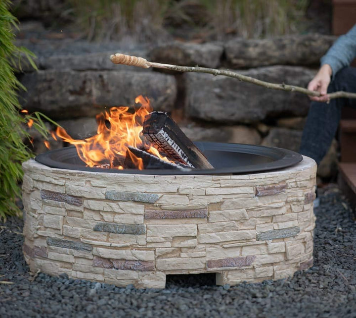 Westmann Feuerstelle Aluminium | Feuerschale mit Funkenschutzhaube | Garten Feuerkorb Steinoptik Bra