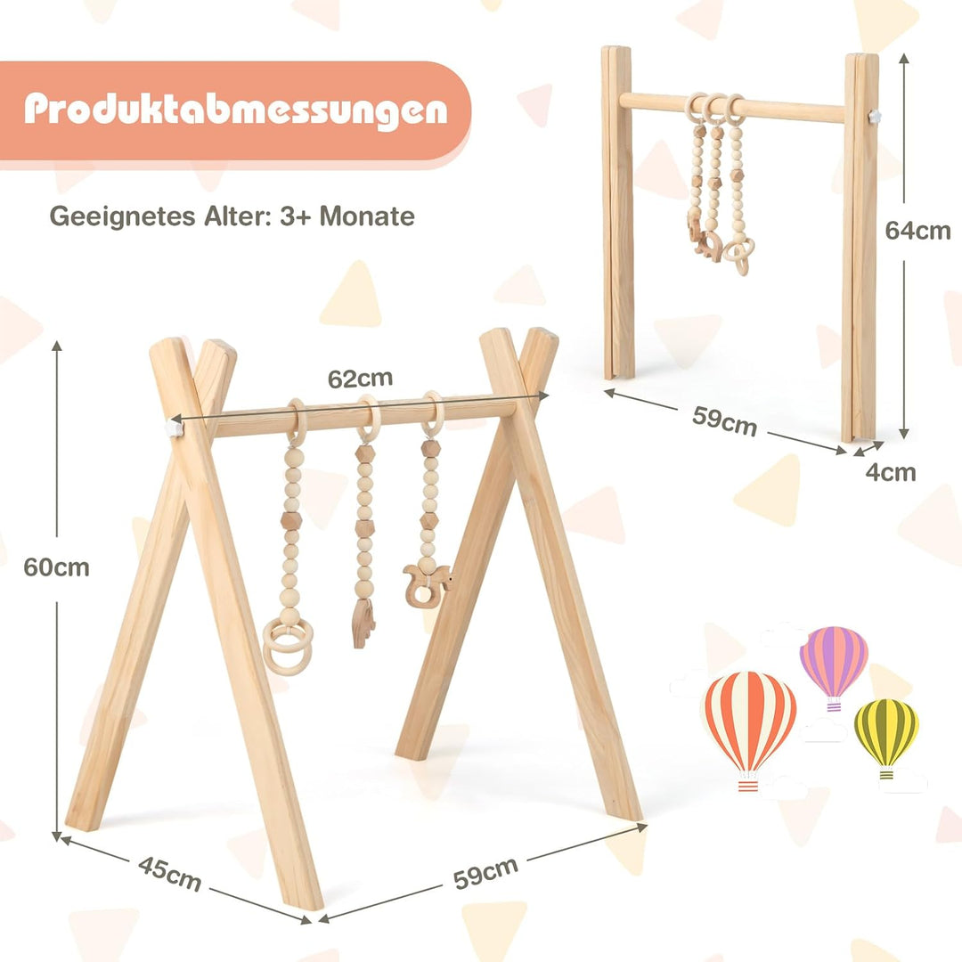 COSTWAY Baby Spielbogen Holz, Spieltrapez klappbar, Baby Gym mit 3 abnehmbaren Kinderspielzeugen, Sp