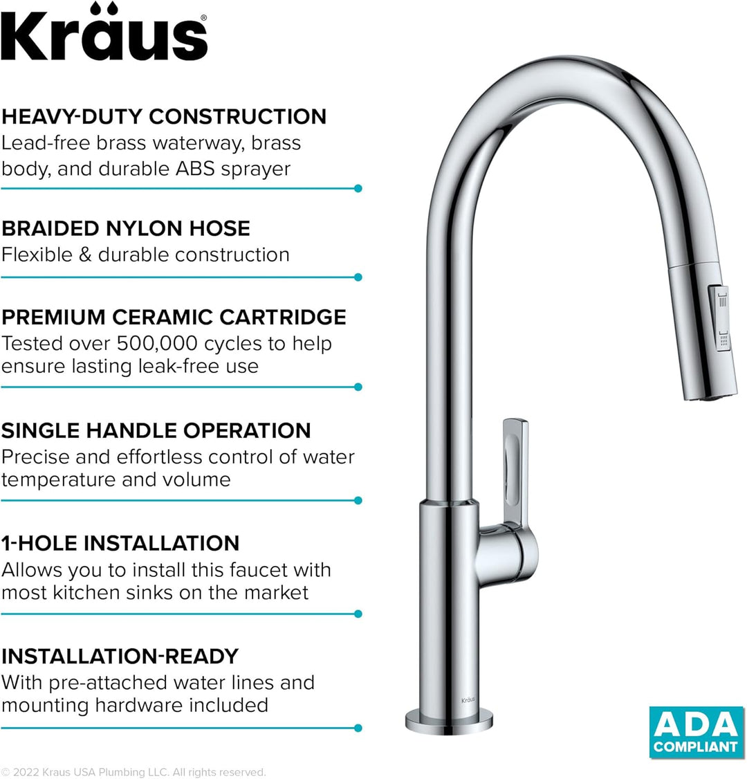 Kraus Oletto KPF-2820CH Einhebel-Küchenarmatur, heunterziehbar, in Chrom Wasserhahn Chrom, Wasserhah
